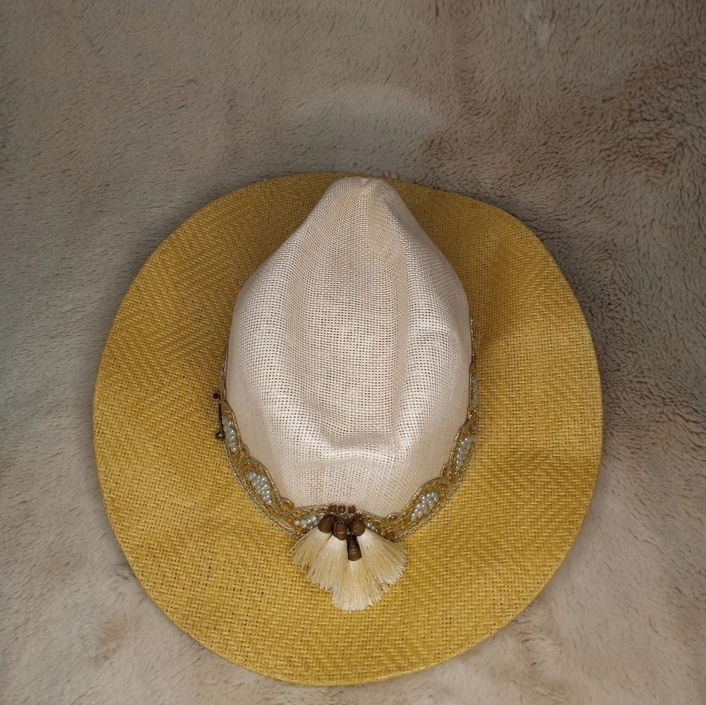 Pasionarte Hand Made One Of A Kind Straw Cowboy Hat With Tassles And Pearls